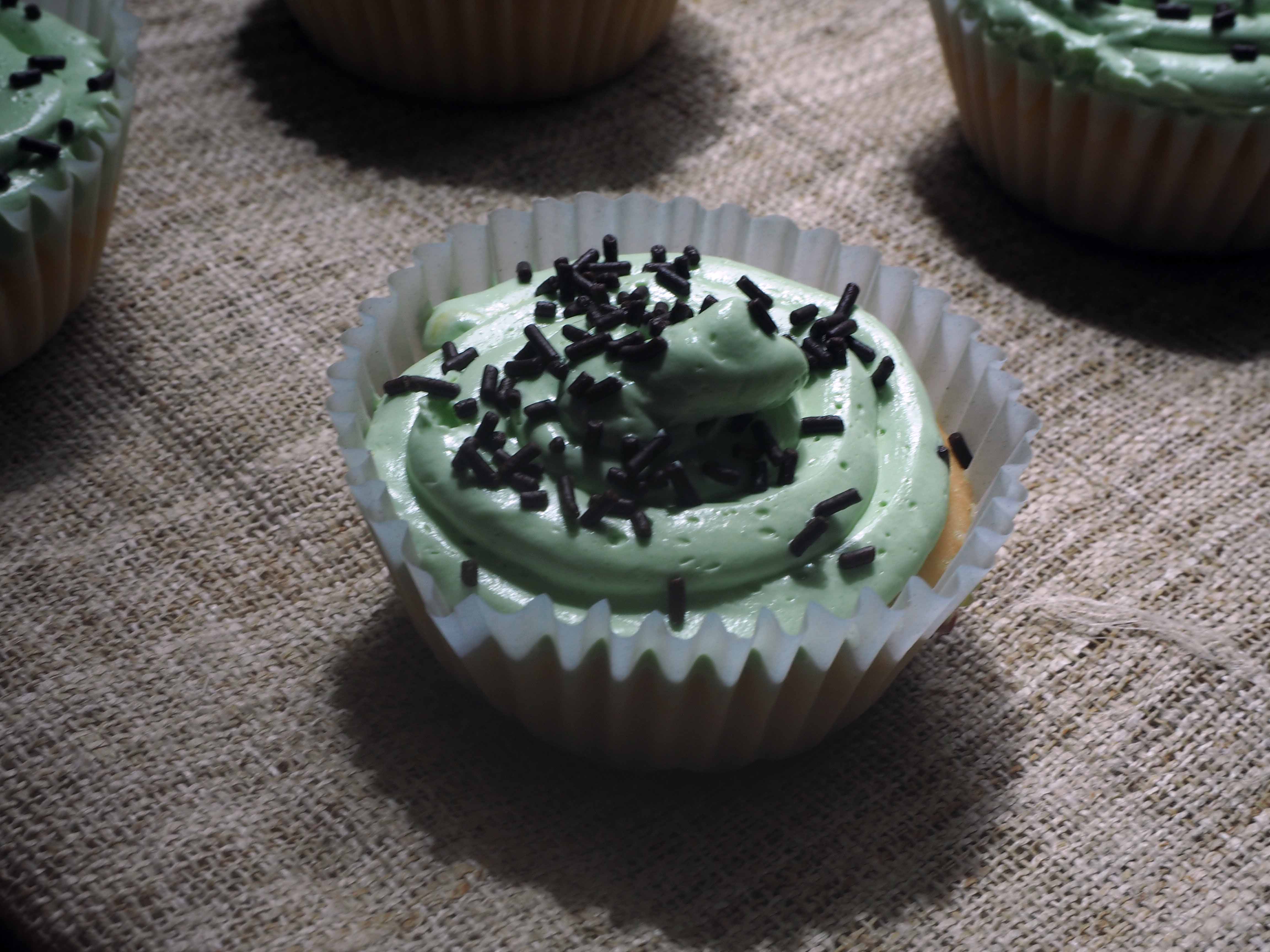 Mint flavoured cream cheese topping with a drizzlechocolate flakes